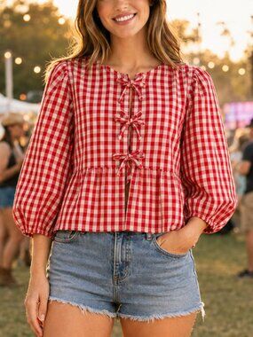 Velvet Heart Red Gingham Bow Tie Babydoll Top S